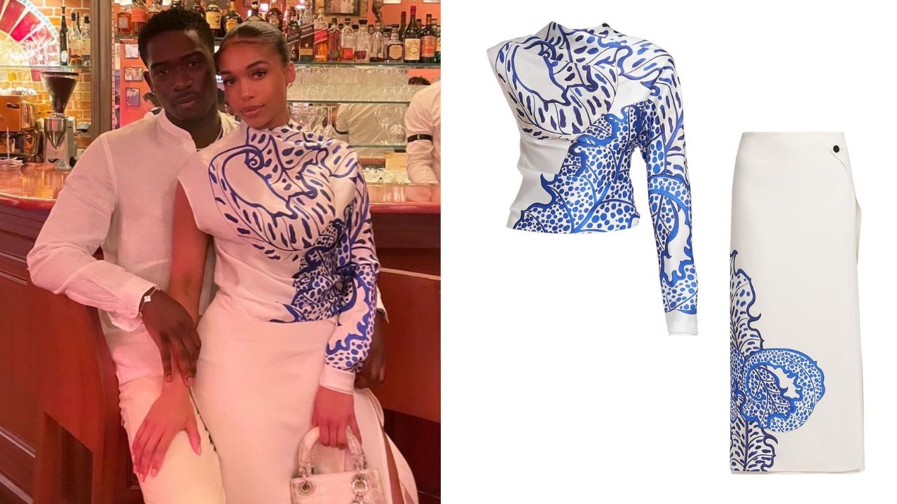 Lori Harvey Stuns in White and Cobalt Blue $2,940 Ferragamo Set on a Dinner Date with Damson Idris