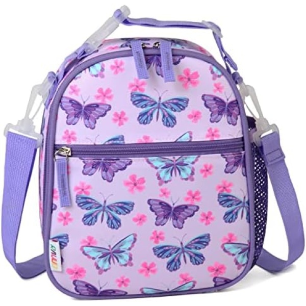 Lunch Bag for Girls,RAVUO Insulated Cute Butterfly Lunch Box with Strap and Bottle Holder Cooler Lunchbox Back to School Thermal Meal Tote Kit for Toddler