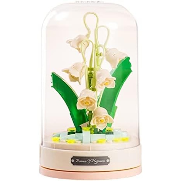 MEIEST Building Blocks Flowers Bouquet Set with Music Box and Dust-Proof Dome,DIY Simulation Artificial Particle Flower Collection Construction Building Bricks Toy,Home Decors (Lily of The Valley)