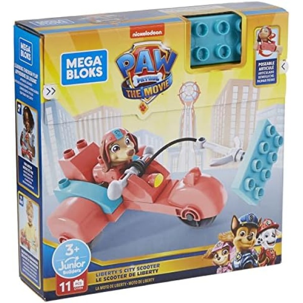 Mega Bloks Nickelodeon PAW Patrol Liberty's City Scooter toy building set with 10 jr. bricks and 1 poseable Liberty figure, gift set for boys and girls, ages 3+