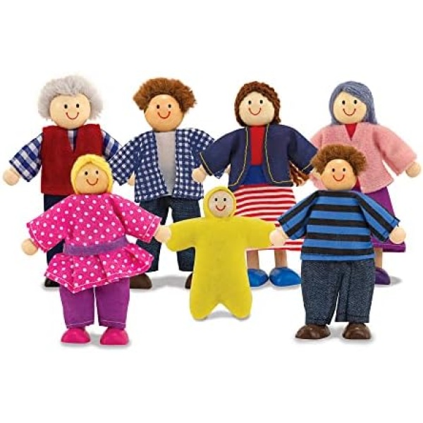 Melissa & Doug 7-Piece Poseable Wooden Doll Family for Dollhouse (5-10 cm each) | Dollhouse People, Family Figures For Dollhouse For Kids Ages 3+