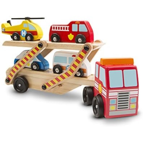 Melissa & Doug Emergency Vehicle Carrier (Two-Level Tractor-Trailer Truck Toy with 4 Vehicles)