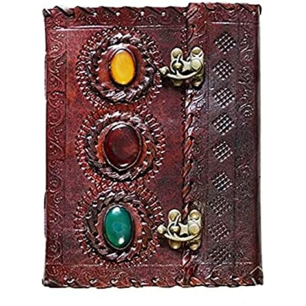 Montexoo Leather Journal Three Stone Diary Sketchbook Notebook with Lock for Men Women Dnd Travel Handmade Vintage Old Antique Writing Large Old Cool Brown 8 Inch