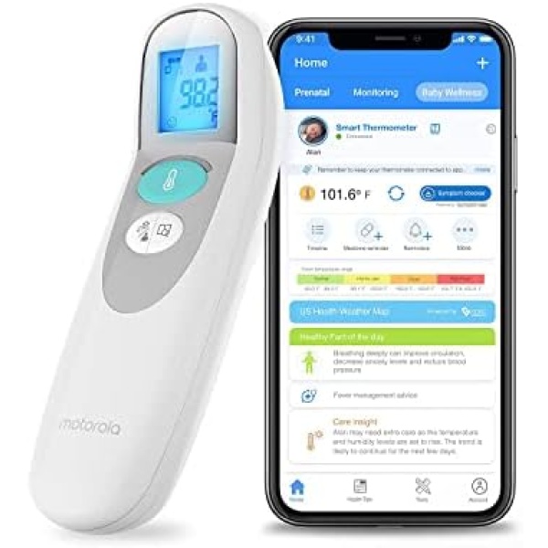 Motorola MBP75SN Care+ Non-Contact Smart Forehead & Liquid Baby Thermometer - Digital Handheld Clinical Device for Kids & Adults - Touchless Quick & Accurate Temperature Reader - Large LCD Display