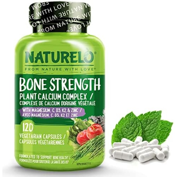 NATURELO Bone Strength - Plant-Based Calcium, Magnesium, Potassium, Vitamin D3, VIT C, K2 - GMO, Soy, Gluten Free Ingredients - Whole Food Supplement for Bone Health - 120 Vegan Friendly Capsules