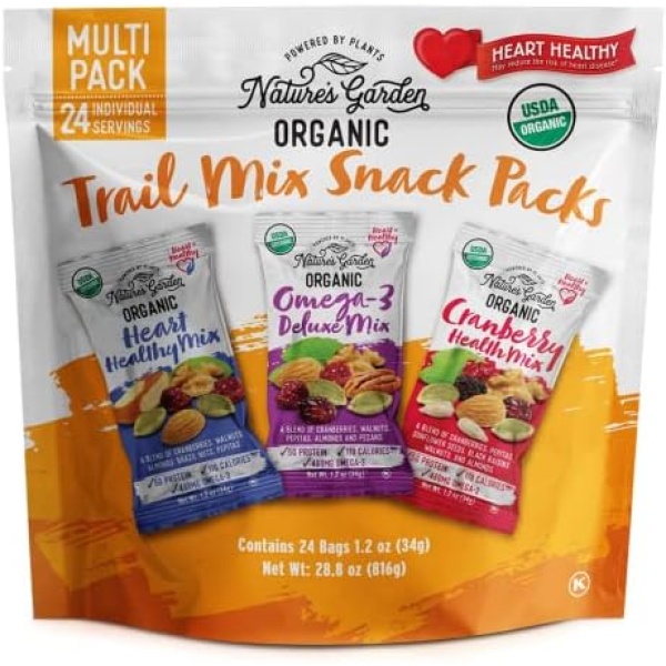 Nature's Garden Organic Trail Mix Snack Packs, Trail Mix Variety, Energy Boost, Heart Healthy, Omega-3 Rich, Cranberries, Pumpkin Seeds, Trail Mix Individual Packs, Family-Size – 816g Bag (24 Packets) (Pack of 1)