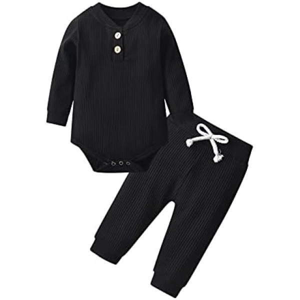 Newborn Infant Baby Boy Girl Clothes Long Sleeve Button Knit Solid Ribbed Top Pants Outfit Set