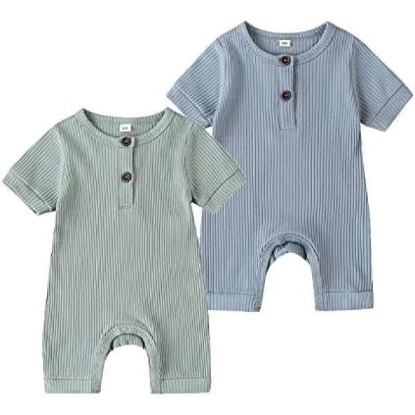 Newborn Infant Baby Boy Girl Summer One-Piece Clothes Knitted Solid Short Sleeve Romper Jumpsuit Bodysuit - 2 pack