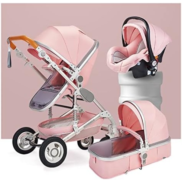 Newborn Stroller 3 in 1 Baby Strollers Lightweight Baby Trolley,Foldable Infant Stroller Carriage Luxury Baby Pram Newborn Stroller,Anti-Shock Toddler Pushchair Stroller (Color : Pink)