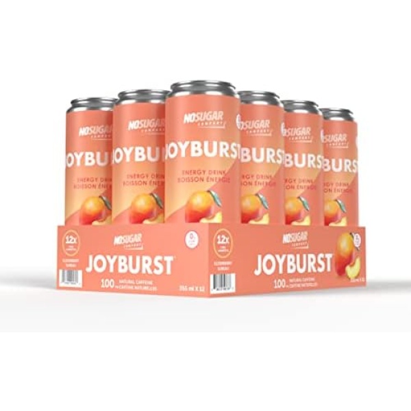 No Sugar Joyburst Energy Drink (Peach Mango) - 0 Calorie, 0 Sugar, Low carb drink, Sugar Free Energy Drink with Natural Caffeine, Hint of Sweetness and Refreshing Sparkling Water (Pack of 12)