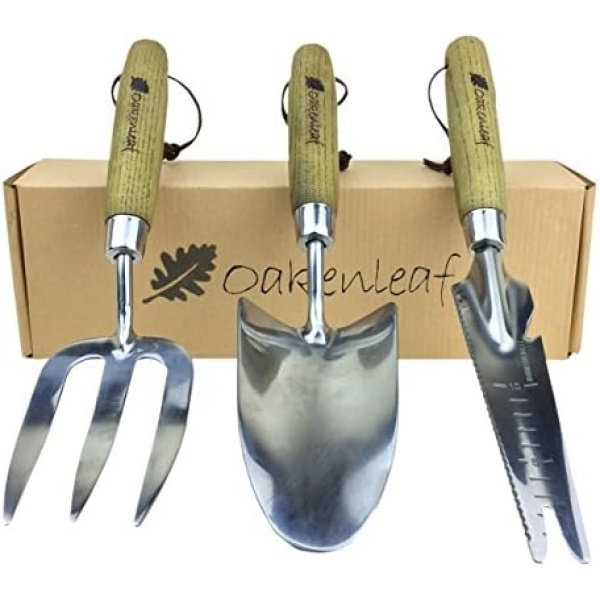 Oakenleaf 3 Piece Garden Hand Tool Set Extra Large Stainless Steel with Timber Handles Trowel Fork and Multitool