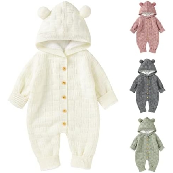 Opewod Infant Knitted Sweater Romper Longsleeve Outfit Fleece Jumpsuit for Baby Boy Girl Clothes