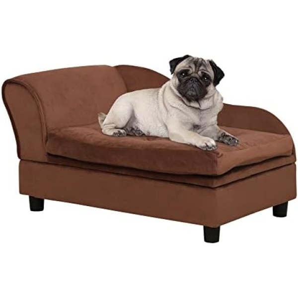 PawHut Pet Sofa Dog Couch Chaise Lounge Pet Bed with Storage Function Small Sized Dog Various Cat Sponge Cushioned Bed Lounge, Brown