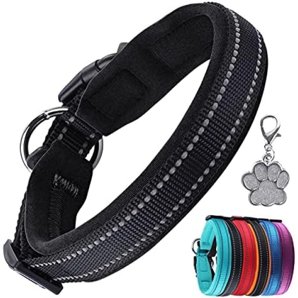 PcEoTllar Padded Dog Collar with Tag Reflective Adjustable Dogs Collars Soft Nylon Neoprene Super Light Breathable for Small Medium Large Dogs - Black XS