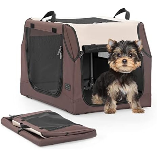 Petsfit Portable Dog Crate, Soft Dog Kennel Carrier for Indoor Outdoor Travel, 24 x 18 x 17 Inches, Brown+Beige