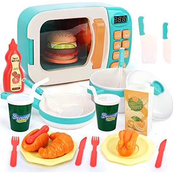 Pretend Play Electronic Oven with Play Food,Kids Microwave Toys Play Kitchen Set,Cookware Pot and Pan Toy Set,Cooking Utensils,Learning Gift for Toddlers Kids Boys Girls