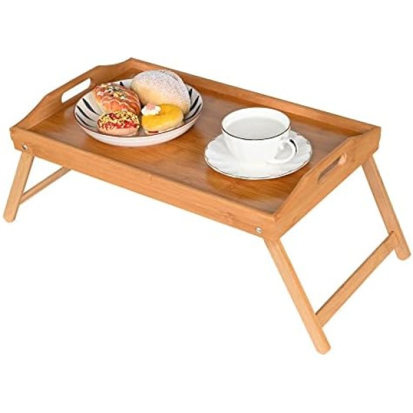 PrimeCables Bamboo in Bed Table with Foldable Legs, Breakfast Bed Tray with Handles for Food, Small Laptop