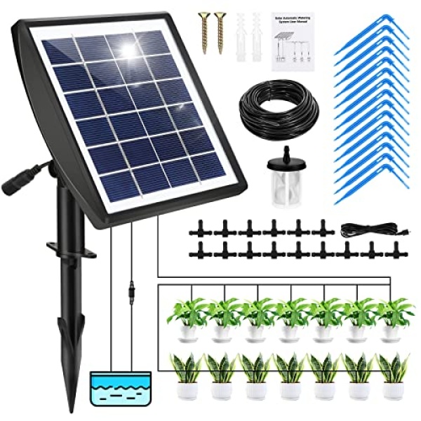 QUUREN Drip Irrigation Kit Solar Powered Plant Automatic Self Watering System DIY Devices with 15pcs Drippers Water Sensor Timing for Potted Plants Indoor Balcony Green House Outdoor Patio Garden