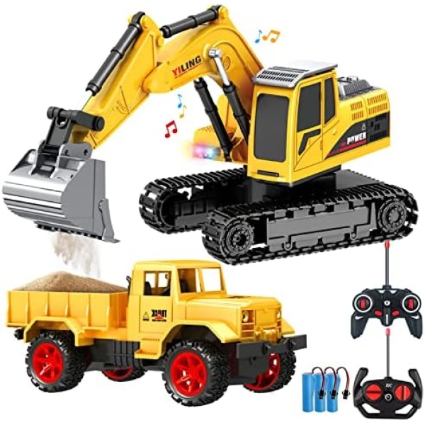 Remote Control Excavator & Dump Truck Toy for Kids(Set of 2) with Lights and Sounds,Construction Vehicles RC Trucks Toys for Boys Kids 3 4 5 6 7 8 9 10 Year