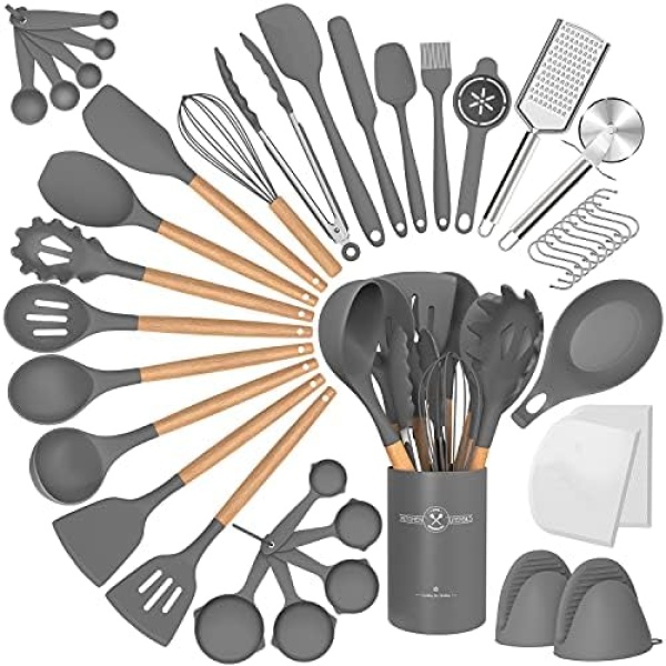 Silicone Cooking Utensils Set, 43Pcs Non-Stick Heat Resistant Kitchen Utensils Spatula Set with Wooden Handle for Baking, Cooking, and Mixing, Best Kitchen Gadgets Tools with Holder (Grey)