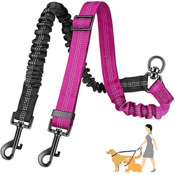 SlowTon Double Dog Leash Coupler, No Tangle 360° Swivel Dual Leashes for Walking 2 Dogs, Adjustable Length Reflective Splitter Leash for Training, Small, Medium & Large Two Dogs(Black&Fuchsia)