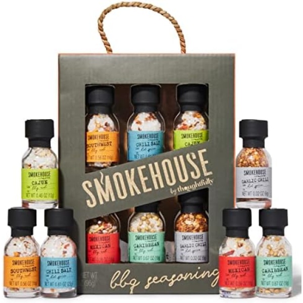 Smokehouse by Thoughtfully Mini BBQ Seasoning Sampler Gift Set, Barbecue Seasoning Kit Flavors Include Cajun BBQ Rub, Southwest BBQ Rub, Chili Salt Hot Spice, Garlic Chili Hot Spice and More, Set of 6