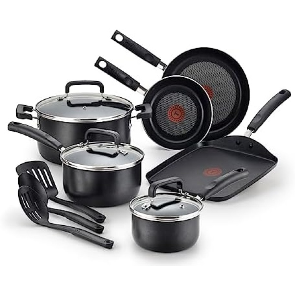 T-Fal C111SC74 Signature Nonstick Expert Easy Clean Interior Thermo-Spot Heat Indicator Dishwasher Safe PFOA Free/Oven Safe Cookware Set, 12-Piece, Black