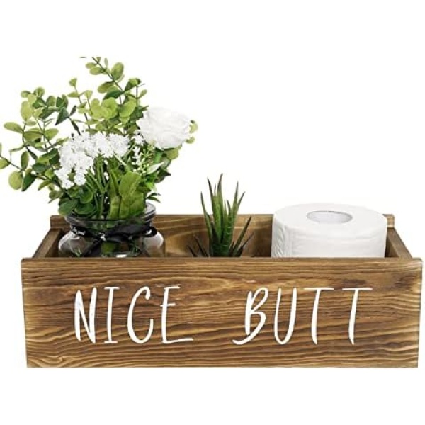 TIMEYARD Nice Butt Bathroom Decor Box, Toilet Paper Holder, Farmhouse Rustic Wood Box Crate Storage Bin, Funny Home Decor for Bathroom Kitchen Table Counter, Brown