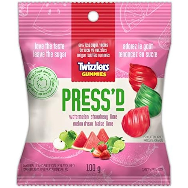 TWIZZLERS Press'd Gummies, Watermelon, Strawberry, Lime, Assorted Candy Gummies to Share, Snack Sized Candy, 100g