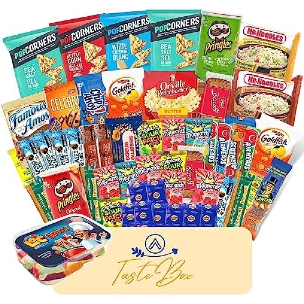 TasteBox (45 Count) Variety Care Package Snacks for Adults & Kids, Snack Box Full of Delicious Snacks, Chips, Bars, Cookies, Candies and Ramen - Movie Nights and Gifts (due to availability some items may change)