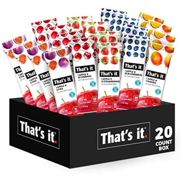 That's it Fruit Bars Snack Gift Box { 20 Pack }100% All Natural, Gluten-Free, Vegan, Low Carb Snacks - Healthy Fruit Snacks Bulk Variety Pack (Strawberry, Mango, Blueberries, Cherries & Fig Bars)