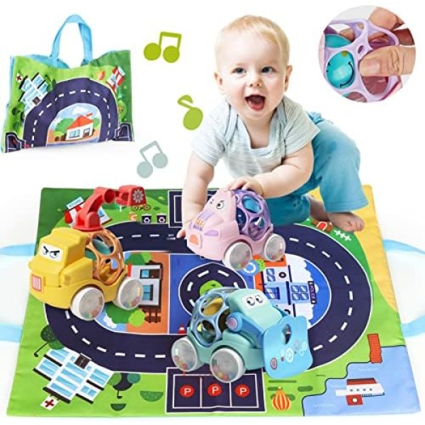 Toy Cars for Toddlers Age 1,Baby Rattle Car Toy,3 Pieces Soft Rubber Push and Go Vehicles with Play Mat and Storage Bag,Infant Early Educational Gift for 12 Months Boys Girls