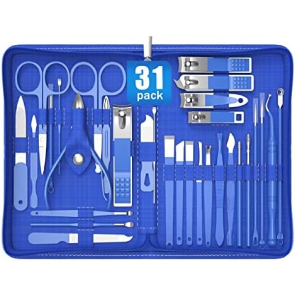 Tseoa Manicure Set Personal Care, Nail Clipper Kit, Professional Nail Clipper Pedicure Set, Nail Tools with Luxurious Travel Case, Gifts for Men Women Family Friend, 31 Pieces (Blue)