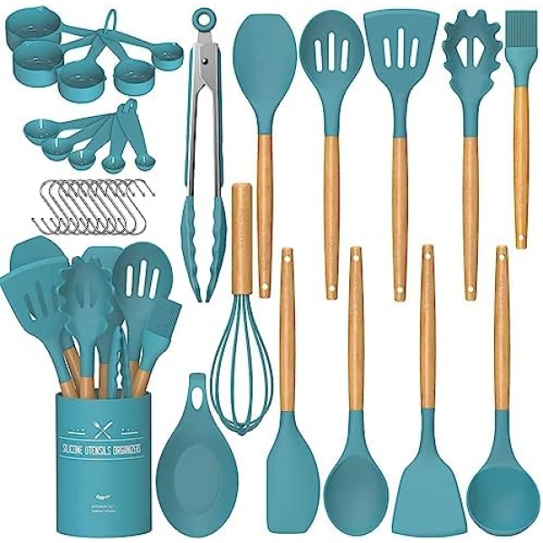 Umite Chef Kitchen Cooking Utensils Set, 24 pcs Non-Stick Silicone Cooking Kitchen Utensils Spatula Set with Holder, Silicone Kitchen Gadgets Utensil Set(Dark Blue)