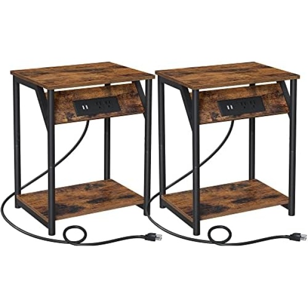 VASAGLE Side Tables with Charging Station, Set of 2 End Tables with USB Ports and Outlets, Rustic Brown and Black ULET372B01