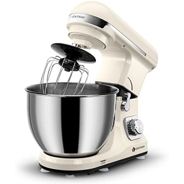 VENTRAY Stand Mixer 4.5-Qt 500W 6-Speed Tilt-Head Food Mixer Electric Kitchen Mixer with Stainless Steel Bowl, Dough Hook, Whisk & Mixing Beater, Beige