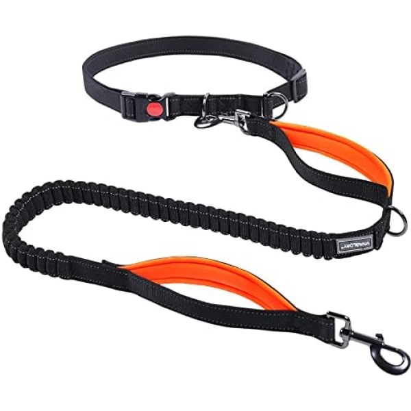 VIVAGLORY Hands Free Dog Leash with Shock-Absorbing Bungee for Medium & Large Dogs, Reflective Adjustable Waist Leash with Dual Padded Handle for Walking, Jogging, Running, Hiking, Black-Orange