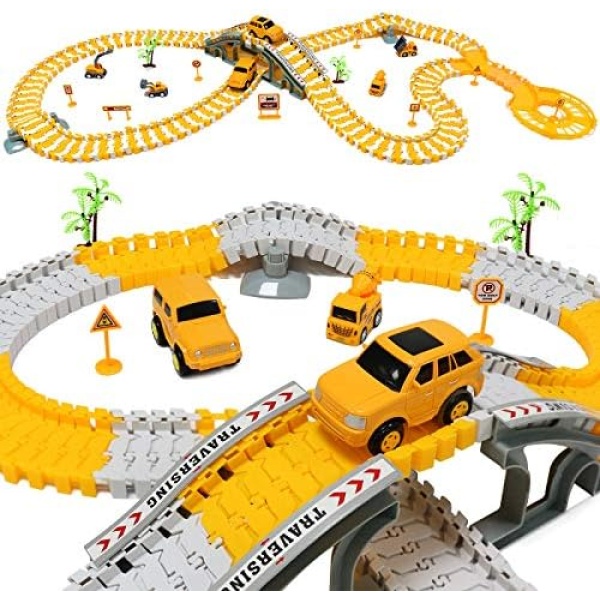 WTOR Toys Construction Toys Race Track Car Kids Boys Toys Set with Construction Race Cars Flexible Track Playset Road Traffic Sign Bridge for Kids Aged 3 4 5 6 7 8 Christmas Birthday Gifts