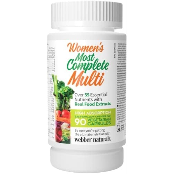 Webber Naturals Most Complete Multi For Women, 90 Capsules, One-Per-Day, Over 55 Vitamins, Minerals, and Whole Food Fruit and Vegetable Sources per Capsule, Vegetarian