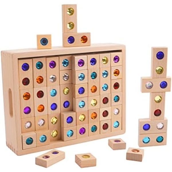 Wooden Building Blocks Set Rainbow Stacking Game Rainbow Stacker 128pcs Acrylic Block Construction Toy Montessori Toys Sensory Toys Colorful Preschool Learning Educational Toys for Boys Girls