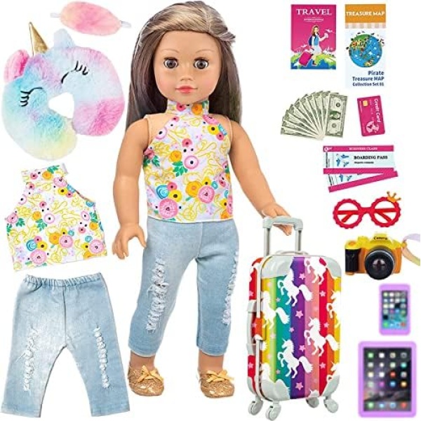 ZITA ELEMENT 24 Pcs American 18 Inch Girl Doll Clothes and Accessories for 18 Inch Doll Unicorn Pattern Suitcase Set Rainbow…