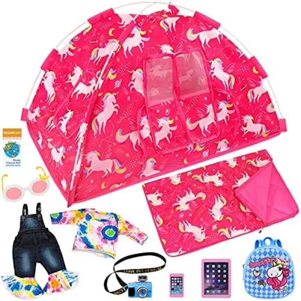 ZITA ELEMENT 9 Items American 18 inch Unicorn Dolls Camping Tent Set and Accessories Including 18 Inch Doll Tent, Doll Sleeping Bag, Doll Backpack, Toy Camera, Glasses and Toy Phone etc