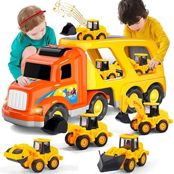 iHaHa Trucks Cars Toys for Boys Toddlers, 5 in 1 Construction Truck Vehicles Car Kids Gifts Toys for 1 2 3 4 5 6 Year Old Boys Toddlers, Construction Car Trucks Friction Power Toys with Light Sound