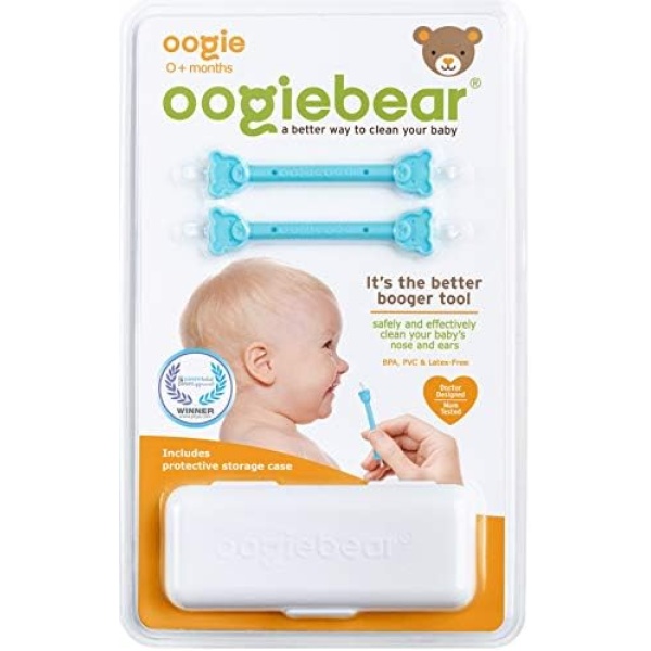 oogiebear - Patented Nose and Ear Gadget. Safe, Easy Nasal Booger and Ear Cleaner for Newborns and Infants. Dual Earwax and Snot Remover. Aspirator Alternative - Two Pack with Case - Blue