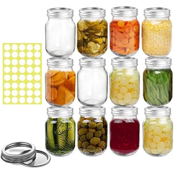 16 oz Mason Jars,12 Pack Canning Jars with Silver Airtight Lids,Reusable Clear Glass Jars for Food Storage,Jam,Honey,Pickles,Fruits,Beverages,Party Favors