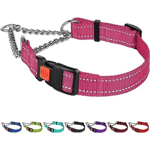 CollarDirect Reflective Dog Collar Martingale Collars Side Release Buckle Chain Training Adjustable Pet Collars (M, Neck Size 14"-17", Pink)