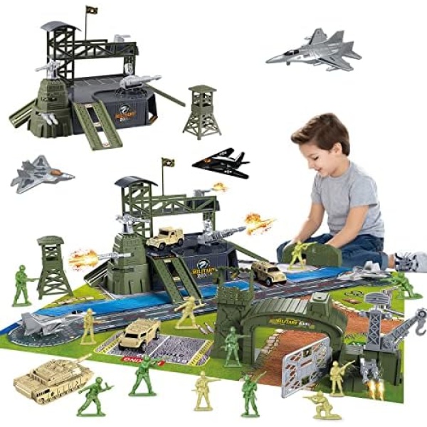 46 Pieces Military Base Set, Army Men Playset with Vehicles Accessories and Play Mat, Gifts for Kids Boys Girls