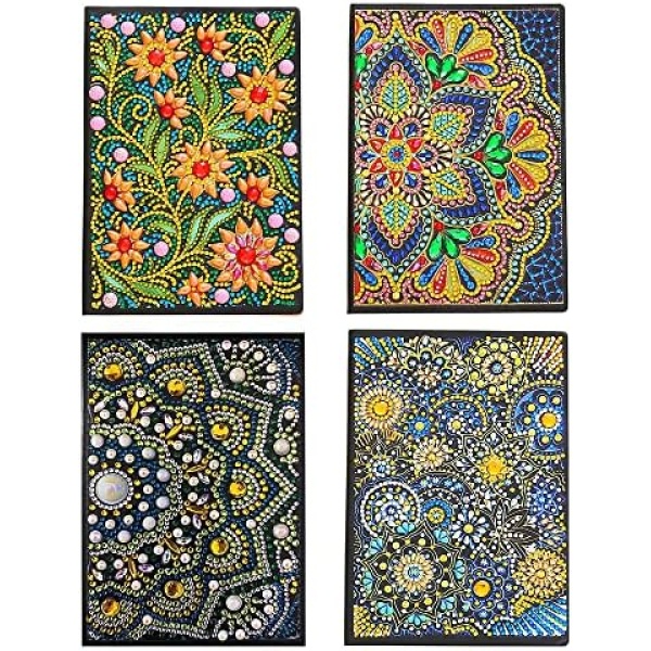 4Pack Mandala Flowers Diamond Painting Notebook Owl on Guitar Leather Cover Journal Special Shaped Crystal Diamond Kits A5 Writing Dairy Plain Sketchbook 21x15CM