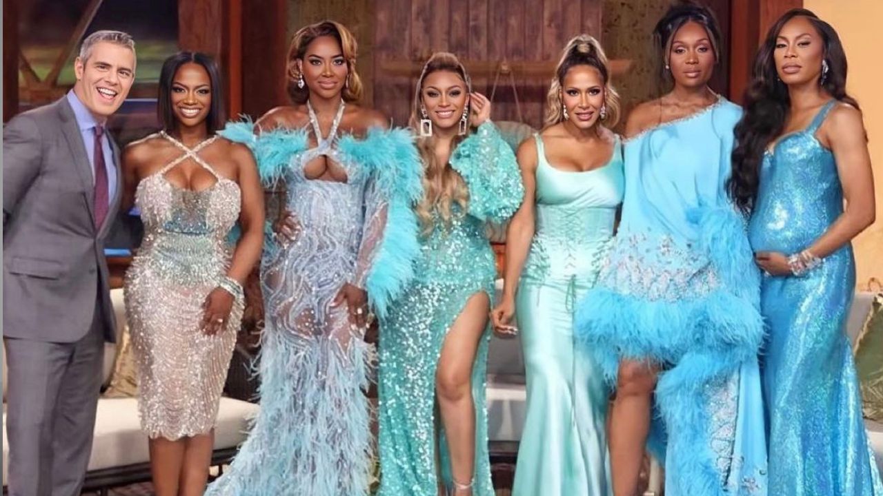 A First Look at The Real Housewives of Atlanta Season 15 Reunion Looks Is Here; Sheree Whitfield in an Aqua Sergio Hudson Dress, Marlo Hampton in an Ocean Blue Georges Hobeika Couture look, Drew Sidora in a Turquoise Matopeda Gown & More