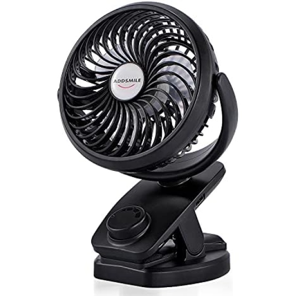 ADDSMILE Battery Operated Clip On Stroller Fan 5000mAh Rechargeable Desk Fan for Baby Stroller Car Gym Home Office Desktop Outdoor Traveling and Camping (Black)